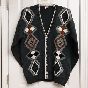 VTG Grandpa Cardigan Sweater Men L Dark Green Geometric Button Up Slouchy Aztec